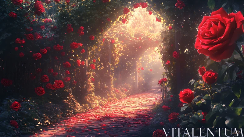 Luminous Red Rose Garden Archway with Golden Light.