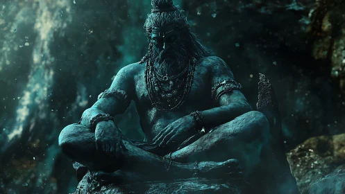 3D mythic stone deity in meditative seated composition.