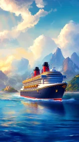 Majestic cruise ship glides toward a fairytale island kingdom.