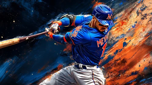 Electric blue baseball slugger in a whirlwind of color.