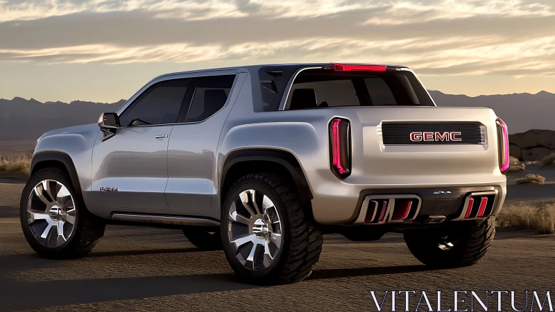 Concept pickup truck rendered in desert environment at dusk