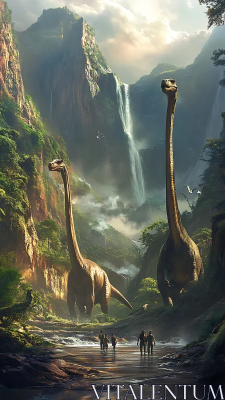 Cinematic fantasy canyon with towering sauropods and explorers.