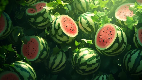 Watermelons with sliced tops shown among dense green vines