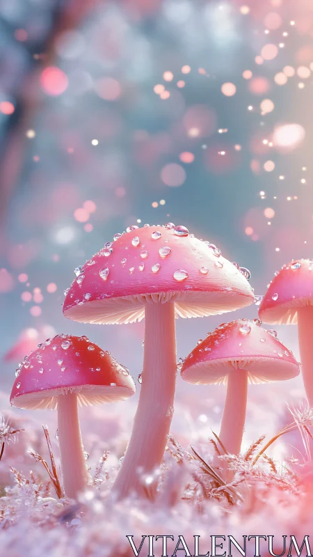Pink mushrooms with dew stand in soft pastel forest light