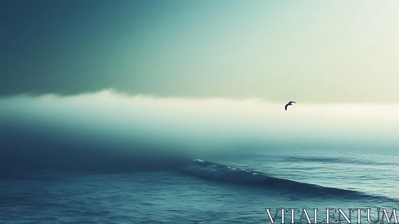 Low-contrast ocean horizon with fog band and solitary seabird