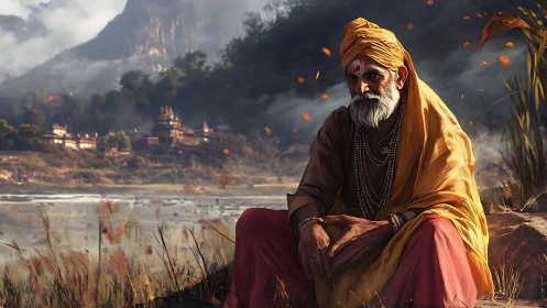 Mountainfront mystic resting in saffron dusk calm.