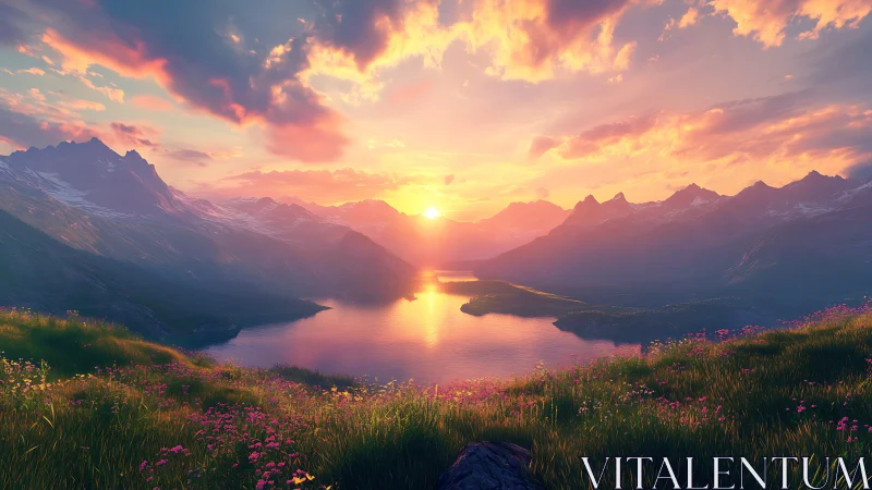 Sunset light illuminates mountainous lake valley landscape