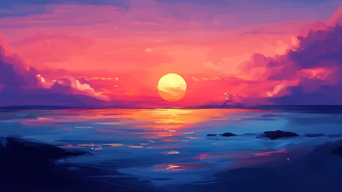 Radiant ocean sunset bathing calm waves in soft color.
