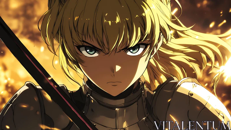 Blazing armored heroine meets battle head on with fierce resolve