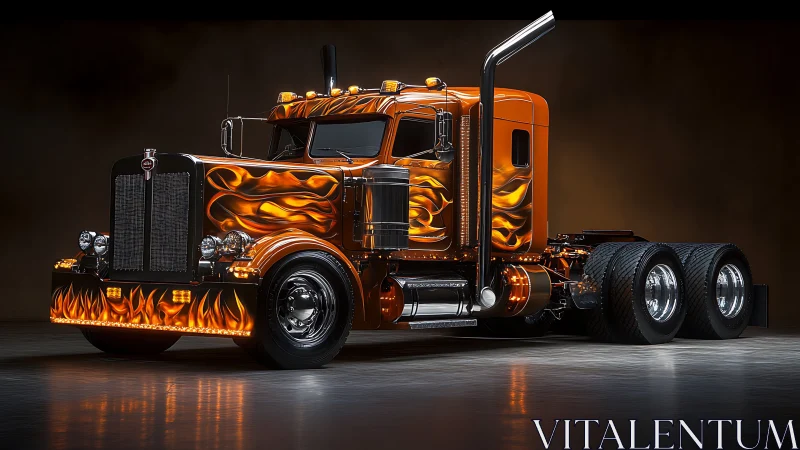 Custom orange semi truck with flame graphics in studio.