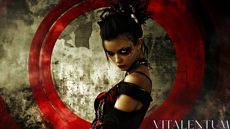 Cybernetic huntress before corroded target rings backdrop.