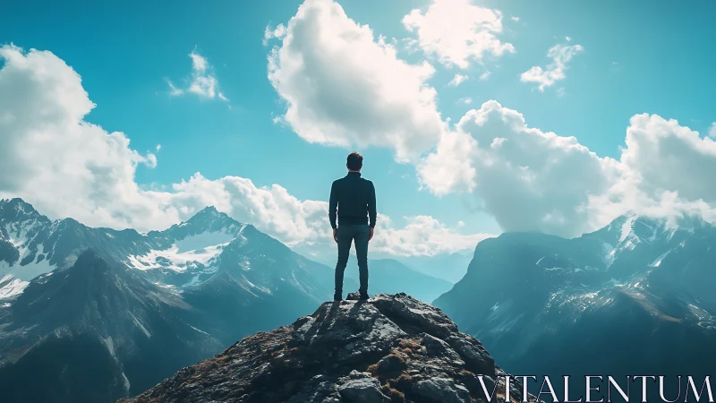 Man stands on rocky summit overlooking distant peaks.
