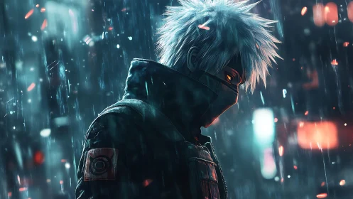 Masked anime warrior stands in neon city rain at night