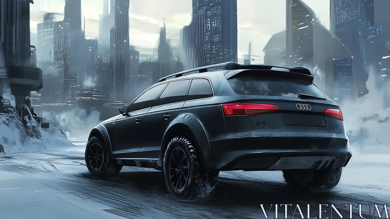 Sleek Audi SUV powers through icy streets of a neon city