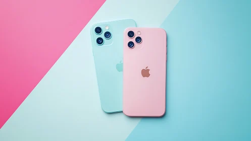 Pastel iPhone Models Showcase: Dual Smartphone Rendering with Color-Blocked Background