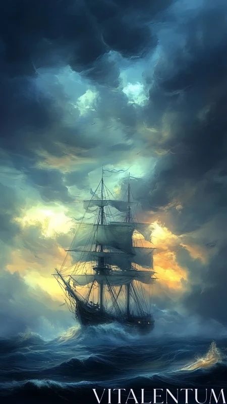 Square-rigged tall ship in storm surge under glowing cumulonimbus