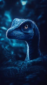 Moonlit baby raptor dreaming in electric jungle hush.