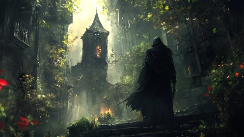 Hooded wanderer enters ruined bell tower in eerie light