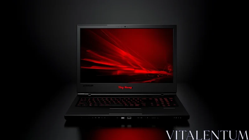 Front-facing black laptop with red display on dark background.
