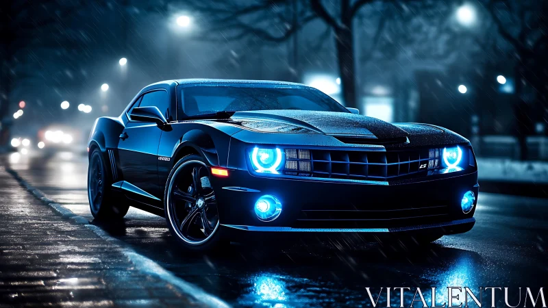 Black muscle car glows under blue streetlights in night rain