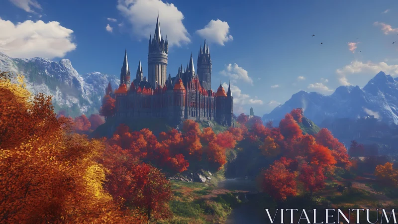 Gothic mountain citadel above vivid autumn valley landscape.