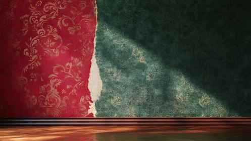 Torn red patterned wall exposing textured green paint.