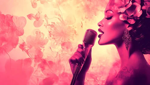 Profile view of singer with microphone and floral backdrop.