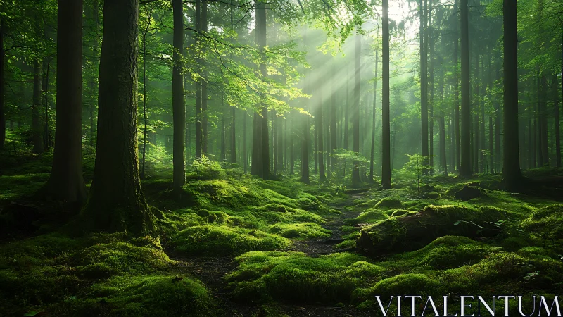 Coniferous Forest Interior with Directional Volumetric Lighting and Bryophytic Ground Cover