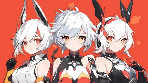 Three stylized characters stand aligned against red backdrop