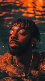 Man afloat in neon-lit water surrenders to quiet reflection
