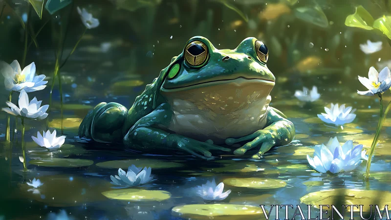 Green frog rests among water lilies in sunlit pond