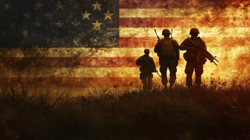 Silhouetted soldiers stand before worn American flag backdrop.