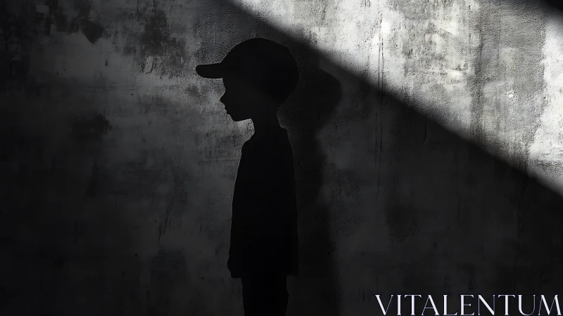 Silhouetted child in cap under harsh diagonal light beam.