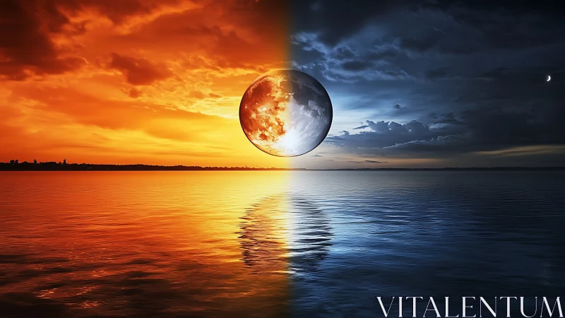 Celestial divide where molten sunset collides with lunar night.