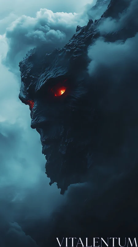 Storm-forged mountain titan with burning ember eyes brooding.