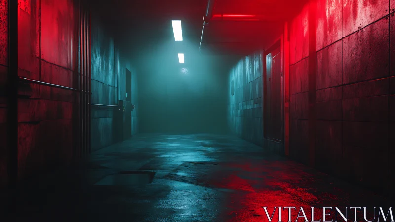 Moody neon hallway glows with red and blue cinematic light