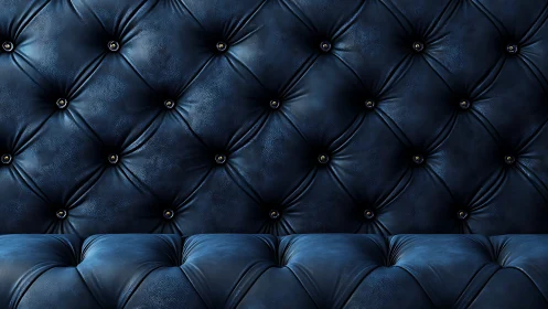 Midnight-blue tufted leather wall quietly glows with depth