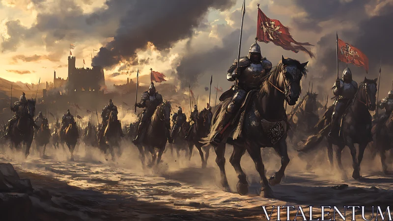Armored knights lead mounted charge from burning storm castle