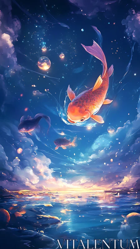 Koi fish suspended above reflective seascape at sunset.