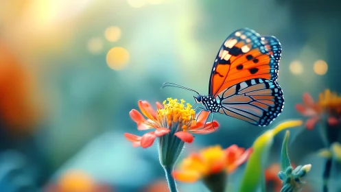 Gentle monarch butterfly pauses softly on a glowing flower