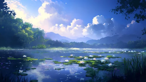 Sunlit lily pond extends toward misty mountains in digital panorama