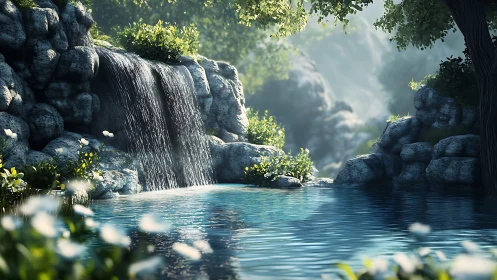 Peaceful forest waterfall and sunlit blue woodland pool.