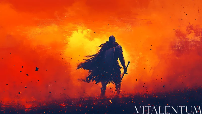 Silhouetted armored warrior stands against high-contrast inferno sky