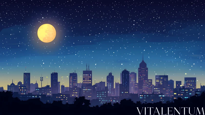 Moonlit city skyline glows softly under a peaceful starry sky