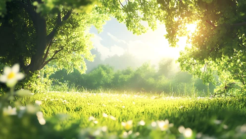 Sunlit forest clearing opens into a tranquil spring meadow