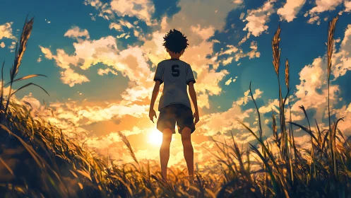 Sunlit summer field welcomes a thoughtful boy at dusk