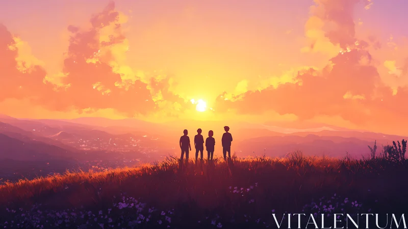 Silhouetted friends overlook radiant sunset valley vista.
