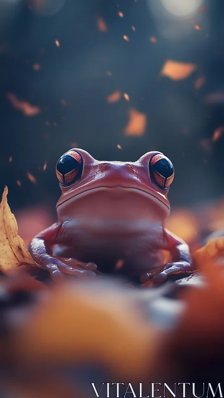 Macro-depth study of glossy red frog amid shallow bokeh field