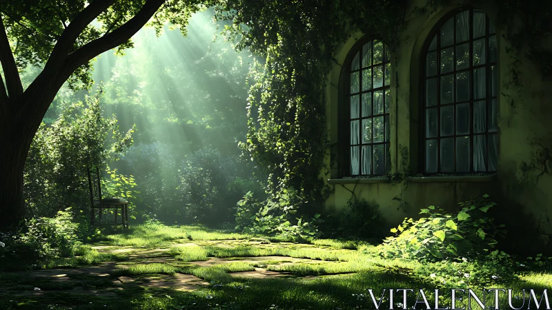 Radiant arboreal courtyard with ivy glazed-arc window facade.