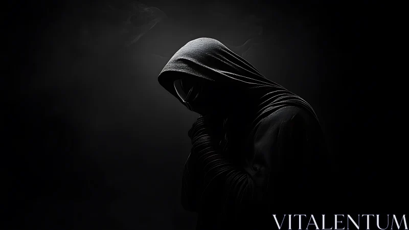 Hooded figure emerges from darkness in moody chiaroscuro portrait.
